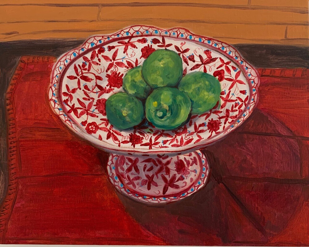A still life oil painting of limes in a red and white decorative bowl.