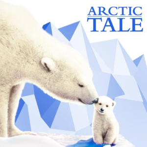 A graphic for an event labeled "Arctic Tale". It depicts a mother polar bear interacting with her young cub. There are polygonal ice caps in the background.