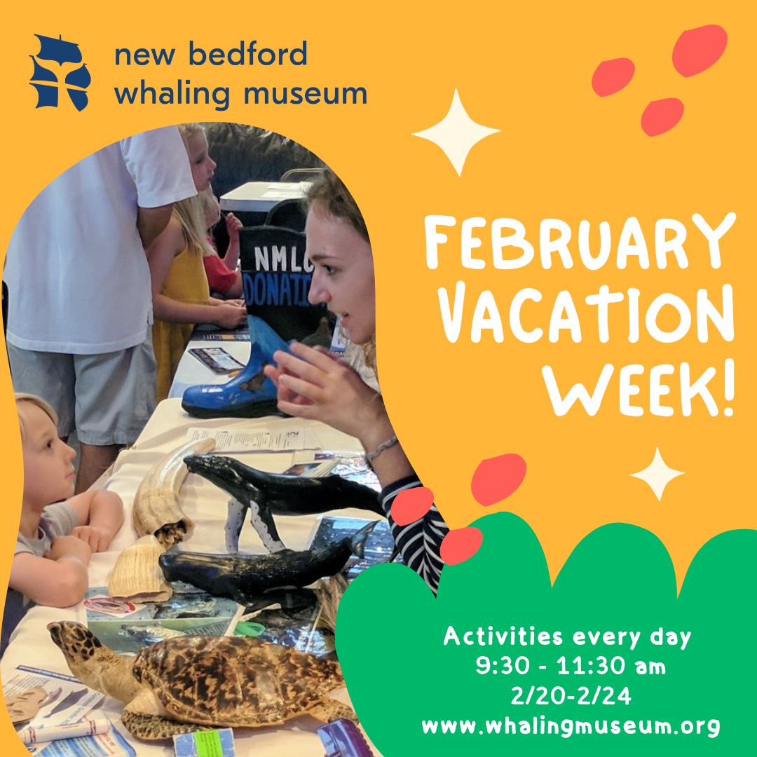 An image of a child looking up and to the right at a woman who is talking to them. There is text that reads "New Bedford Whaling Museum. February Vacation Week! Activities every day 9:30 - 11:30 AM. February 20th to February 24th. www.whalingmuseum.org