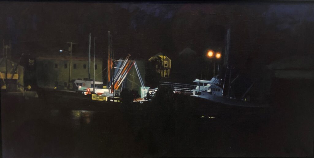 painting of boats at night