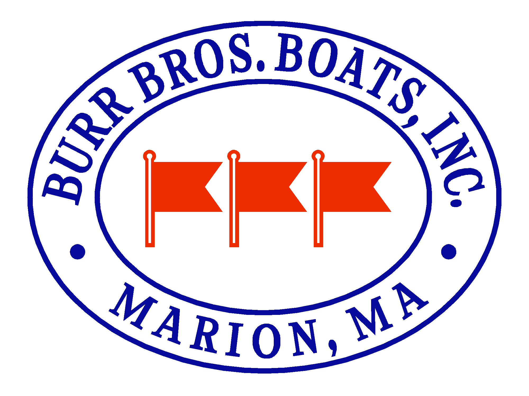 Logo of Burr Bros. Boats, Inc. from Marion, MA. The design features three red nautical pennants in the center, enclosed within a blue oval border. The company name 'Burr Bros. Boats, Inc.' is written around the oval, with 'Marion, MA' at the bottom.