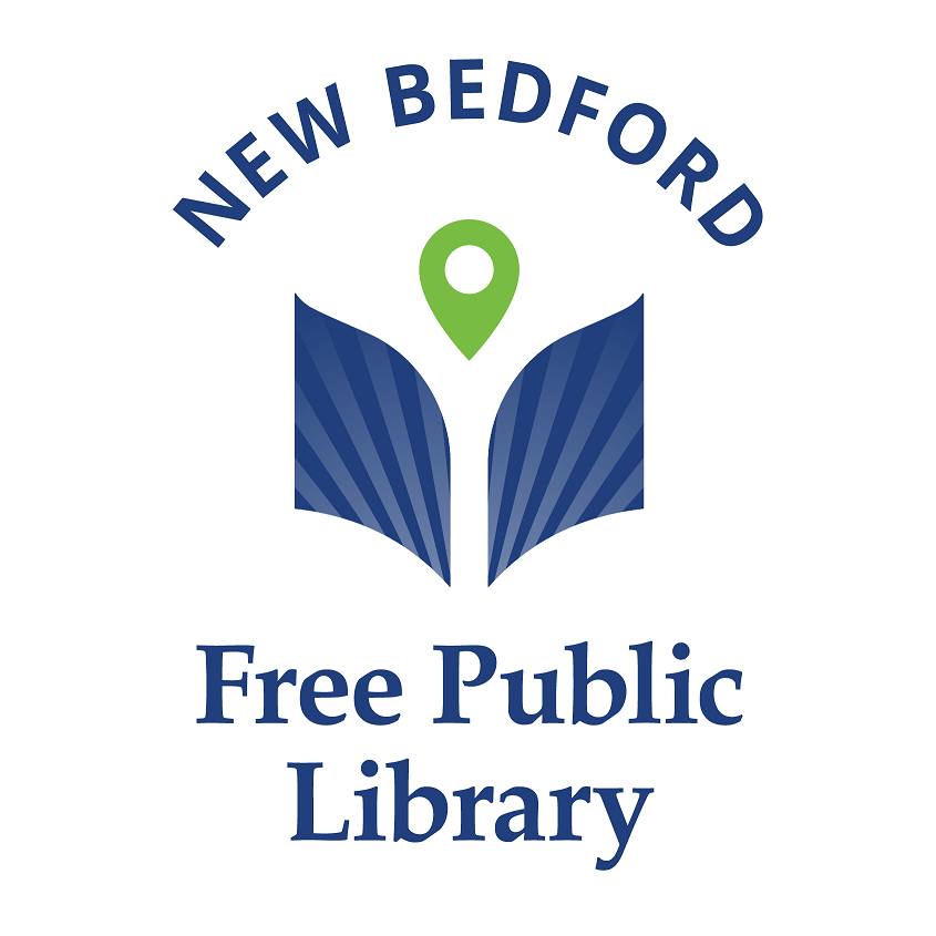 Logo of the New Bedford Free Public Library with an open book design and a green location pin above it.