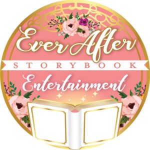 Logo for Ever After Storybook Entertainment with floral decorations, a pink background, and an open book at the bottom.