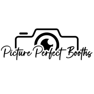 Logo for Picture Perfect Booths featuring an outline of a camera with the business name in script font across it.