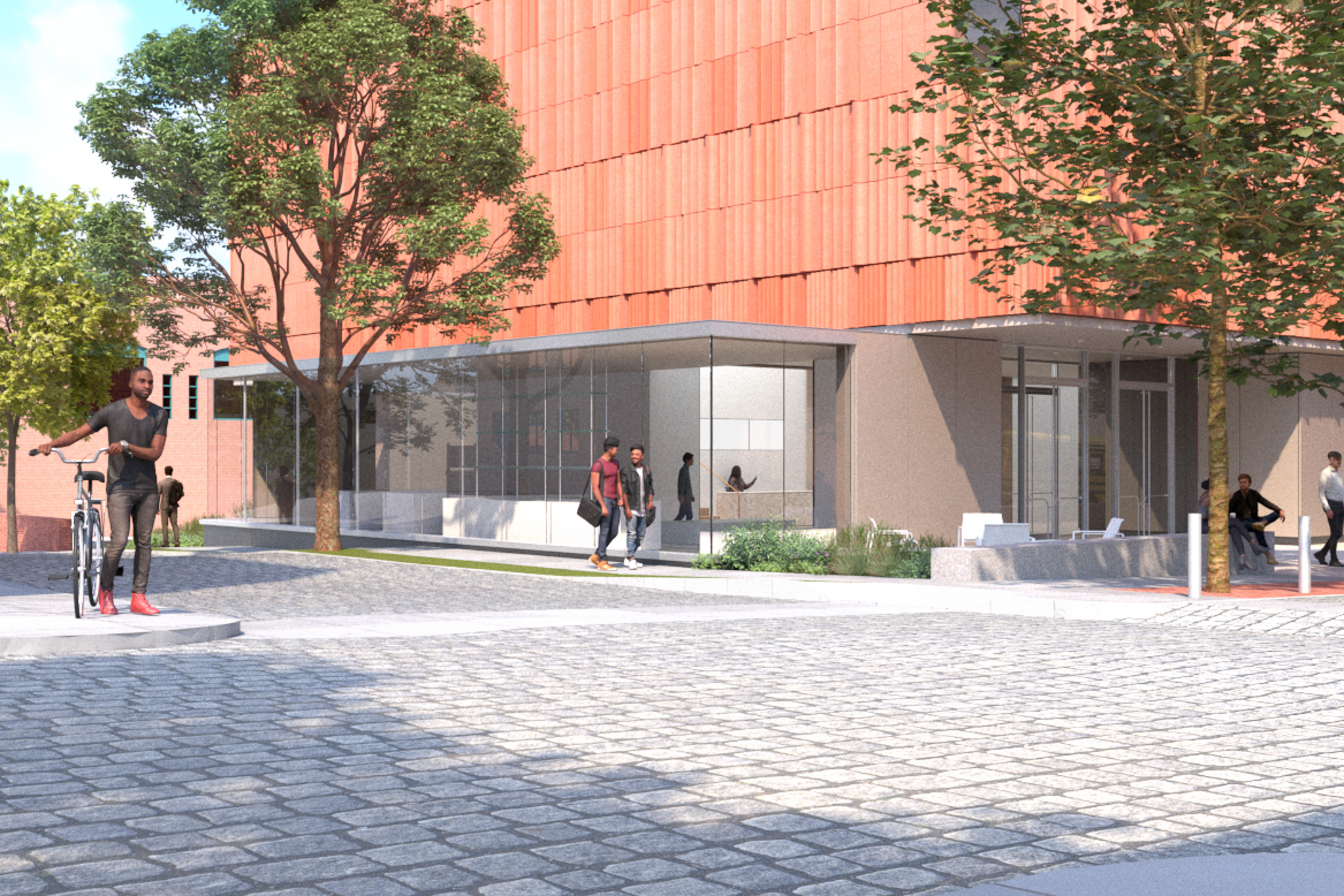 Architectural rendering of a street corner at the intersection of Bethel and Elm, featuring a modern red-paneled building with large glass windows. The cobblestone roadway transitions into a pedestrian-friendly walkway lined with trees, benches, and outdoor seating. A man walks his bicycle across the street, while several people are seen walking or sitting near the building’s entrance. The shaded seating areas and landscaped surroundings create a welcoming urban environment under a bright blue sky.
