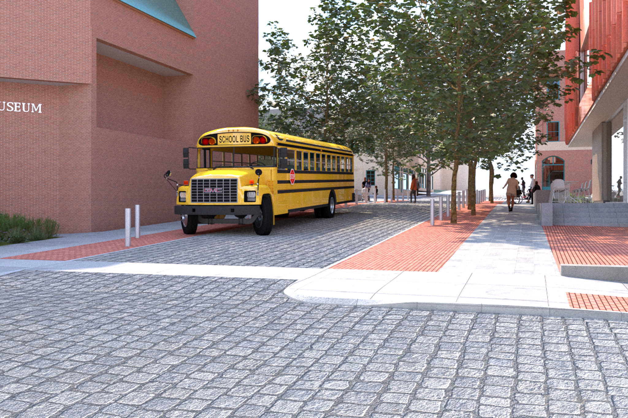 Architectural rendering of a modern street intersection outside the New Bedford Whaling Museum, with a yellow school bus stopped near the entrance. The cobblestone roadway is lined with red brick pedestrian walkways and white bollards. Trees provide shade along the sidewalk, where people are walking, cycling, and sitting at outdoor seating areas near a contemporary red-paneled building. The museum’s name is partially visible on the left side of the image, blending with the architectural elements of the scene.