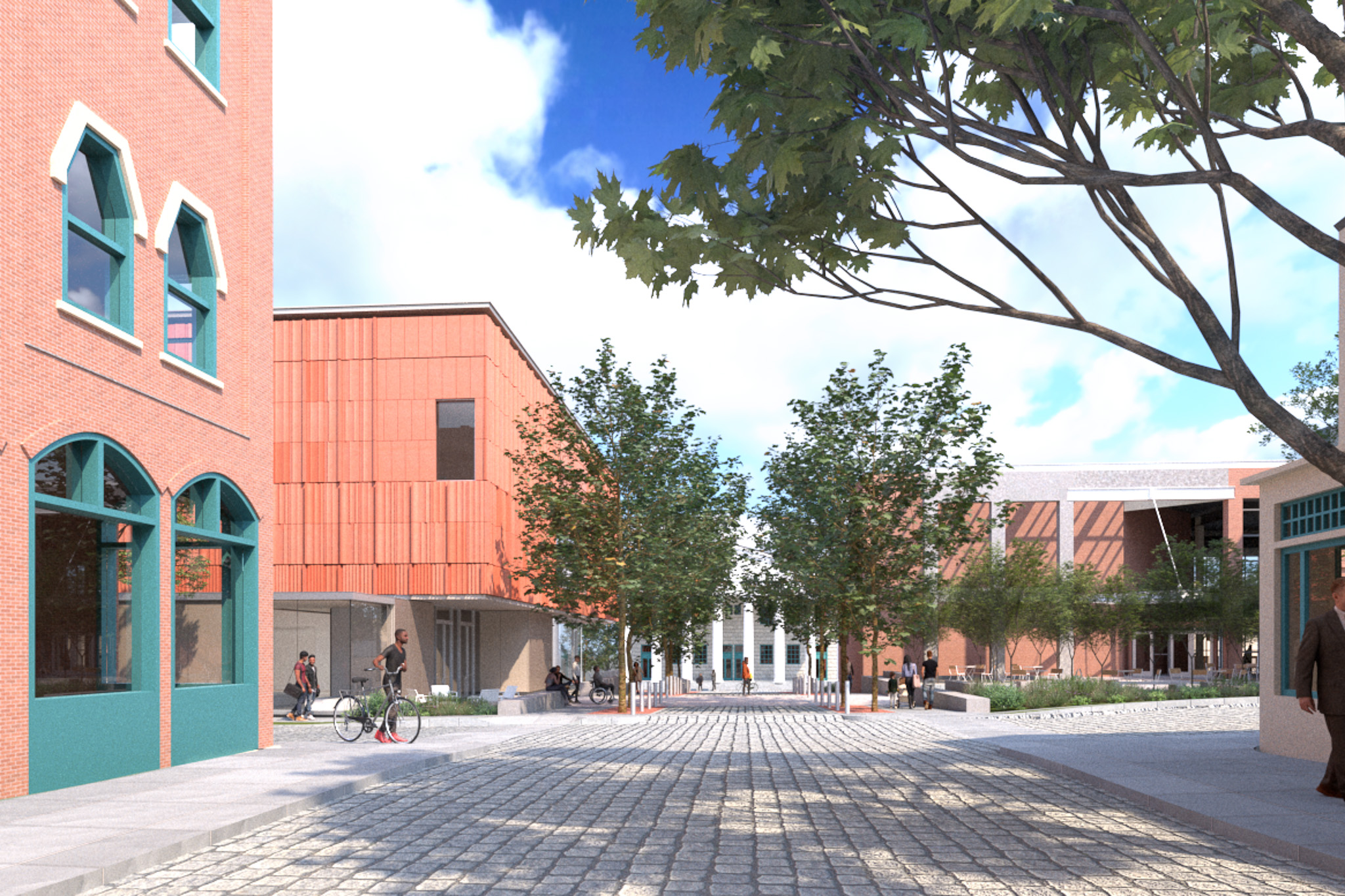 Architectural rendering of a modern pedestrian plaza at the New Bedford Whaling Museum. The scene showcases a mix of contemporary and historic buildings, with a red-brick structure on the left featuring teal-trimmed windows and a modern red-paneled building in the background. A cobblestone walkway lined with trees leads to a white-columned entrance in the distance. People are seen walking, sitting, and riding bicycles in the open space. The sky is bright blue with scattered clouds, and sunlight casts soft shadows on the plaza.