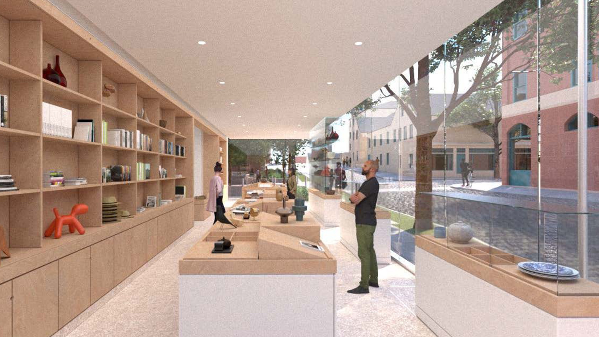 interior-Museum-Store Architectural rendering of the interior of the New Bedford Whaling Museum store. The space features a modern design with built-in wooden shelves lining the left wall, displaying books, decorative objects, and souvenirs. In the center, wooden display tables showcase various items for sale. A glass wall on the right provides a view of the cobblestone street outside, where pedestrians and cyclists pass by. A man browses near the window, while another visitor walks through the store, adding to the welcoming and open atmosphere.