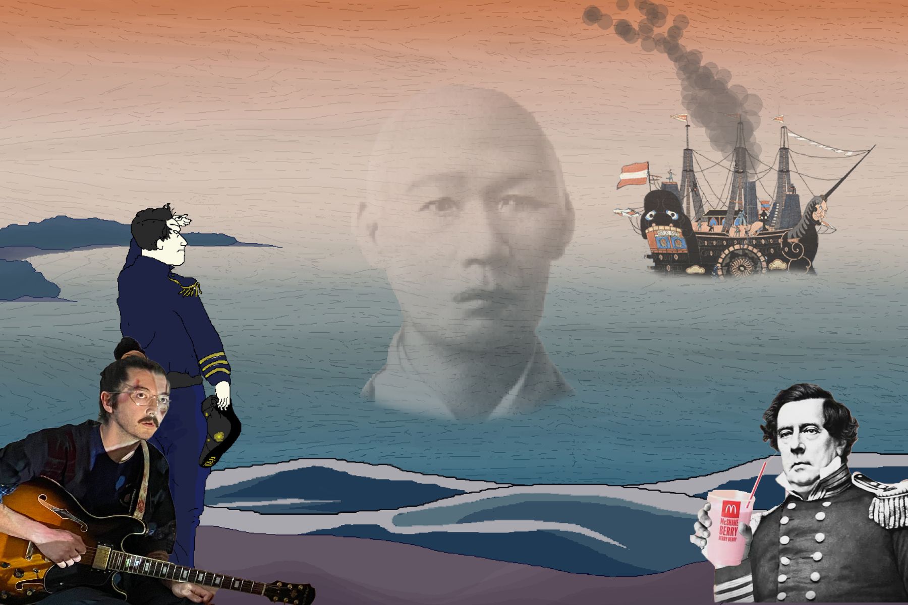 Danny Lulu Collage artwork showing a large faded portrait of a man over the ocean, a cartoon officer gazing out to sea, a steamship with a narwhal figurehead, a guitarist in the foreground, and a historic officer sipping a McDonald’s shake.