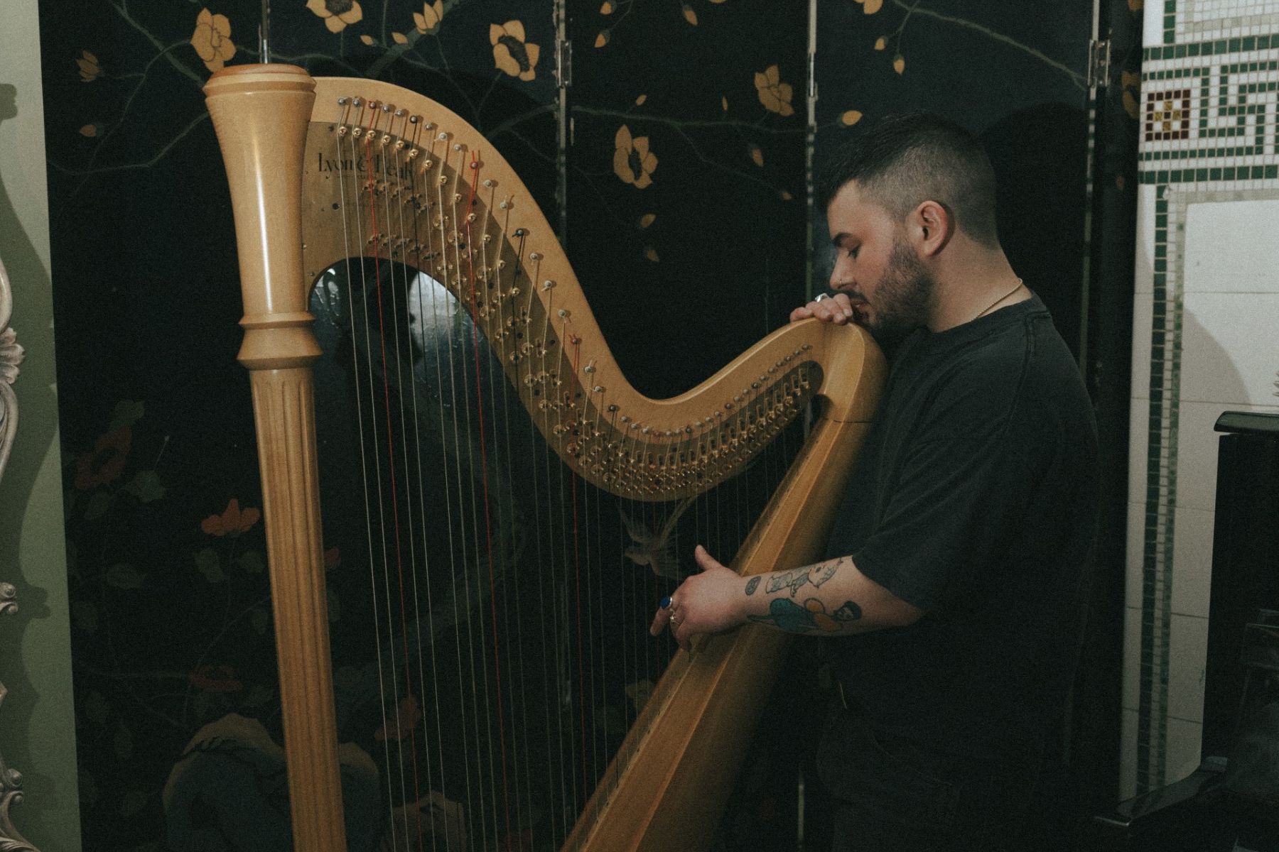 Myles Romano Musician Myles Romano playing a wooden harp in a decorated indoor setting.