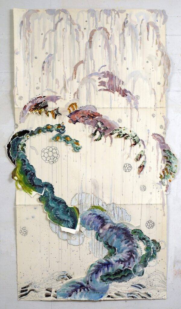 Abstract mixed media artwork on stitched off-white panels. Pale, watery washes drip down the background, while vibrant blue, green, and purple organic shapes wind through the composition alongside delicate line drawings of geometric spheres.