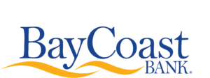 Logo for BayCoast Bank, featuring the text "BayCoast" in a blue serif font, underlined by a stylized, golden-orange wave graphic, with the word "BANK" positioned below the wave in a smaller blue serif font.